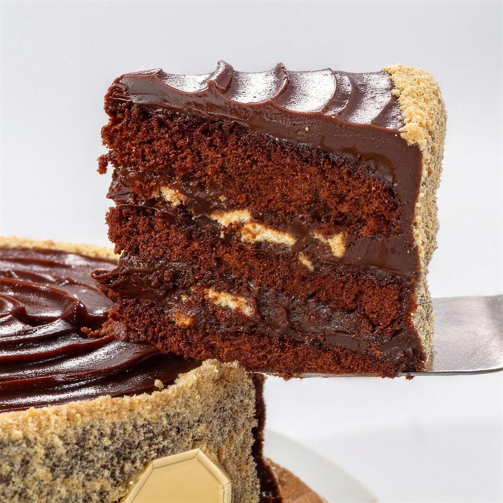Fatia do Bolo Palha Italiana com camadas de chocolate e brigadeiro com pedaços de biscoito