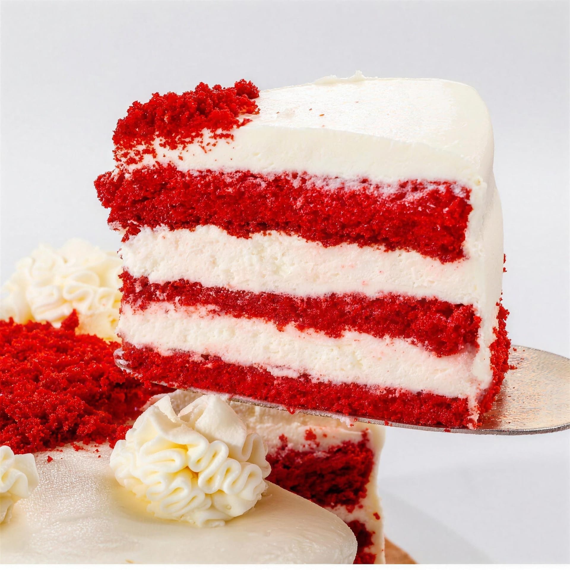 Fatia de Bolo Red Velvet com camadas vermelhas e creme branco, erguida numa espátula